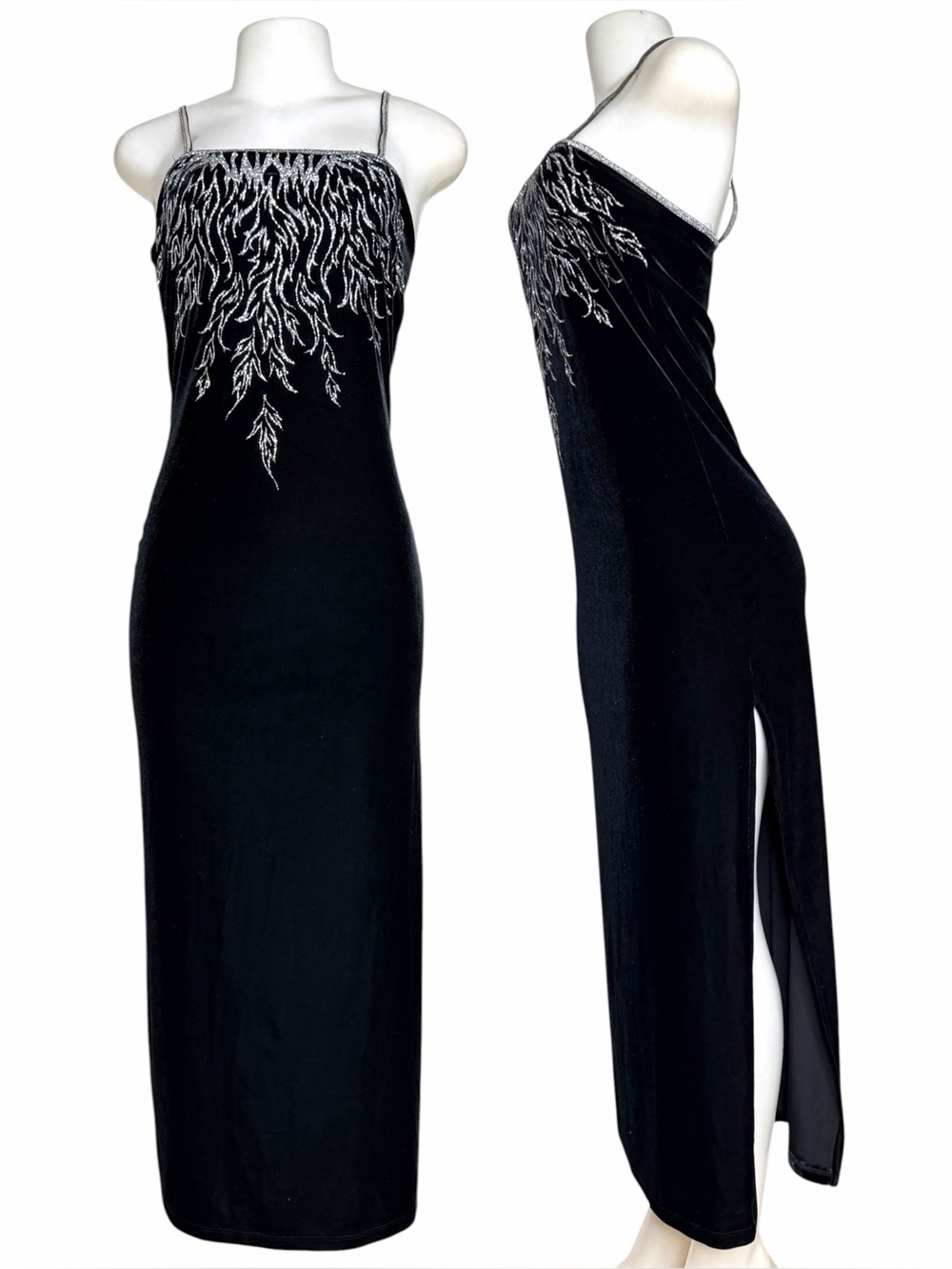 VTG Y2K Minerva USA Black Velvet Maxi Dress Silver Glitter Goth Formal